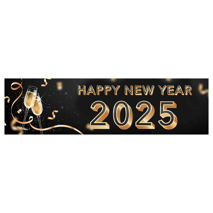 Happy New Year Banner Backdrop 2025 for Decor, 47" x 13", Set of 1-Set of 1-Andaz Press-Black & Gold Confetti Glitter-