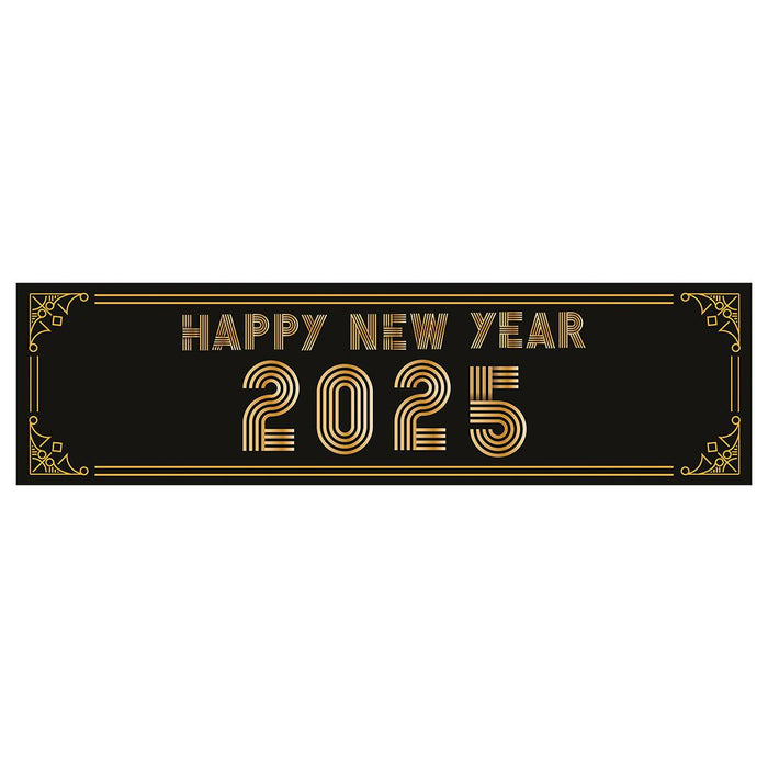 Happy New Year Banner Backdrop 2025 for Decor, 47" x 13", Set of 1-Set of 1-Andaz Press-Black & Gold Confetti Glitter-