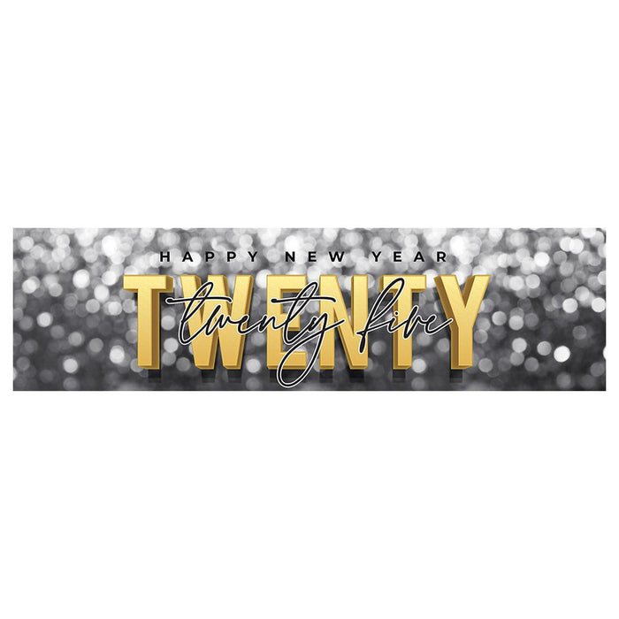 Happy New Year Banner Backdrop 2025 for Decor, 47" x 13", Set of 1-Set of 1-Andaz Press-Black & Gold Confetti Glitter-