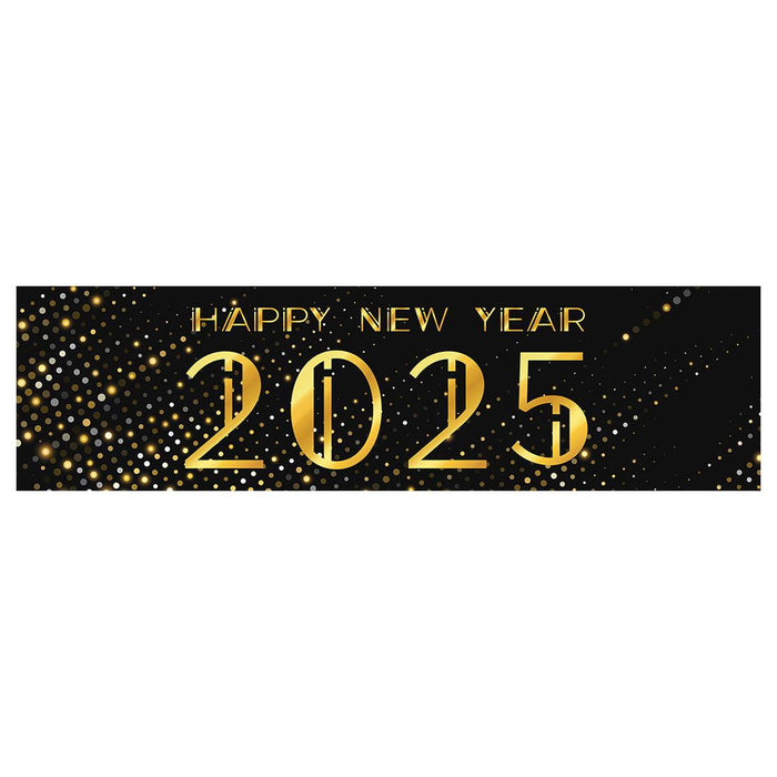 Happy New Year Banner Backdrop 2025 for Decor, 47" x 13", Set of 1-Set of 1-Andaz Press-Black & Gold Confetti Glitter-