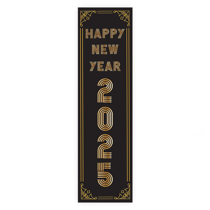 Happy New Year Banner Backdrop 2025 for Decor, 47" x 13", Set of 1-Set of 1-Andaz Press-Black & Gold Confetti Glitter-