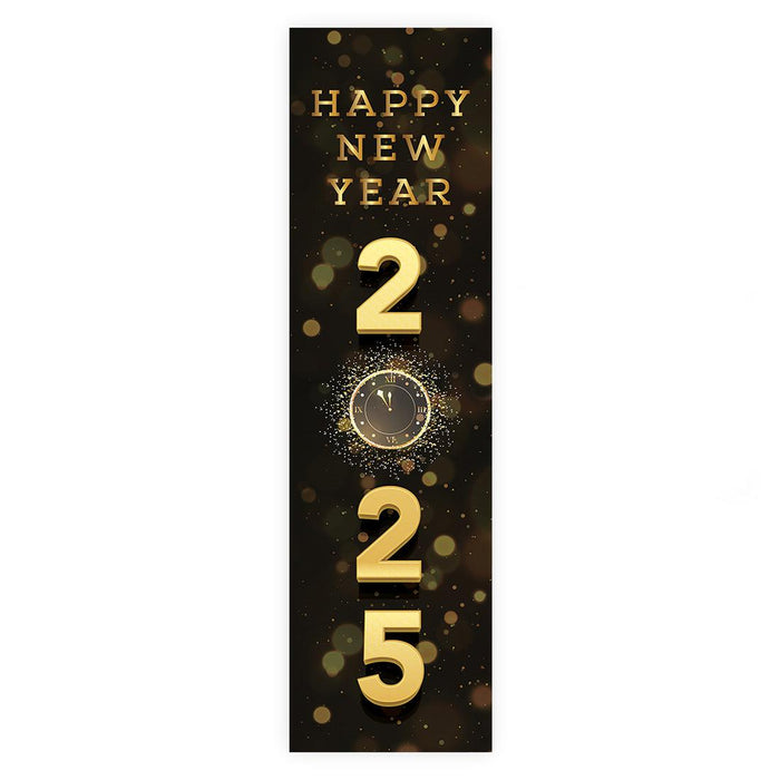 Happy New Year Banner Backdrop 2025 for Decor, 47" x 13", Set of 1-Set of 1-Andaz Press-Black & Gold Confetti Glitter-