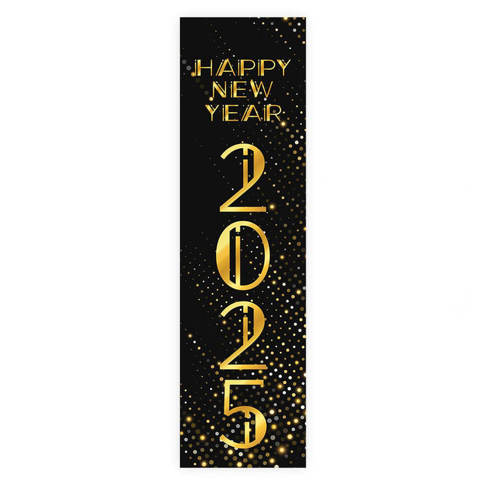 Happy New Year Banner Backdrop 2025 for Decor, 47" x 13", Set of 1-Set of 1-Andaz Press-Black & Gold Confetti Glitter-