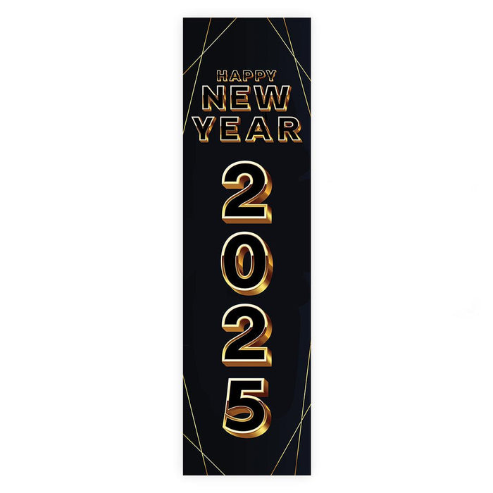 Happy New Year Banner Backdrop 2025 for Decor, 47" x 13", Set of 1-Set of 1-Andaz Press-Black & Gold Confetti Glitter-