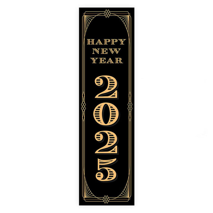 Happy New Year Banner Backdrop 2025 for Decor, 47" x 13", Set of 1-Set of 1-Andaz Press-Black & Gold Confetti Glitter-