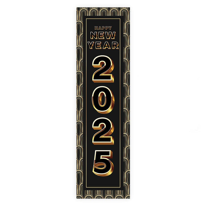 Happy New Year Banner Backdrop 2025 for Decor, 47" x 13", Set of 1-Set of 1-Andaz Press-Black & Gold Confetti Glitter-