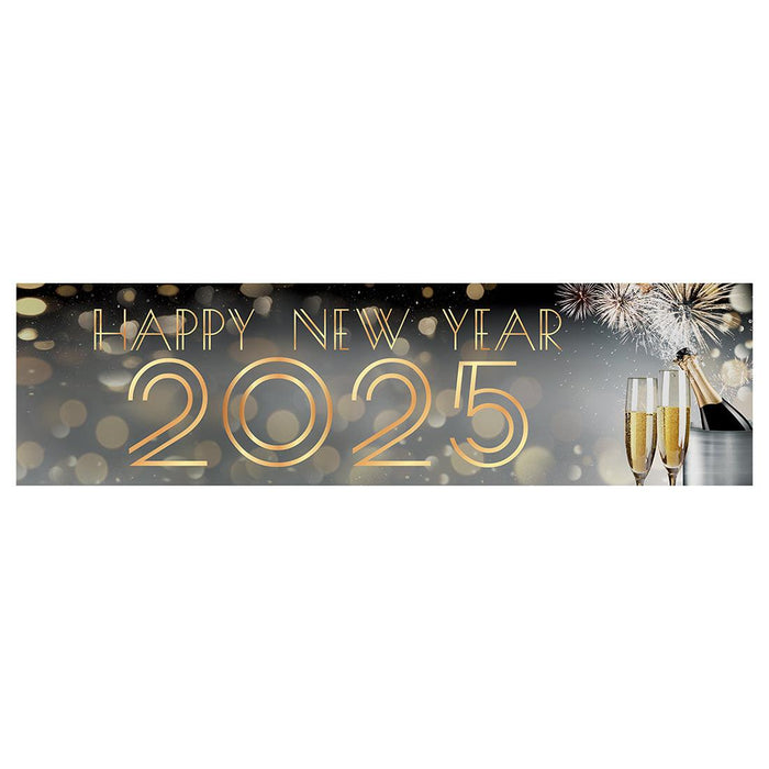 Happy New Year Banner Backdrop 2025 for Decor, 47" x 13", Set of 1-Set of 1-Andaz Press-Black & Gold Confetti Glitter-