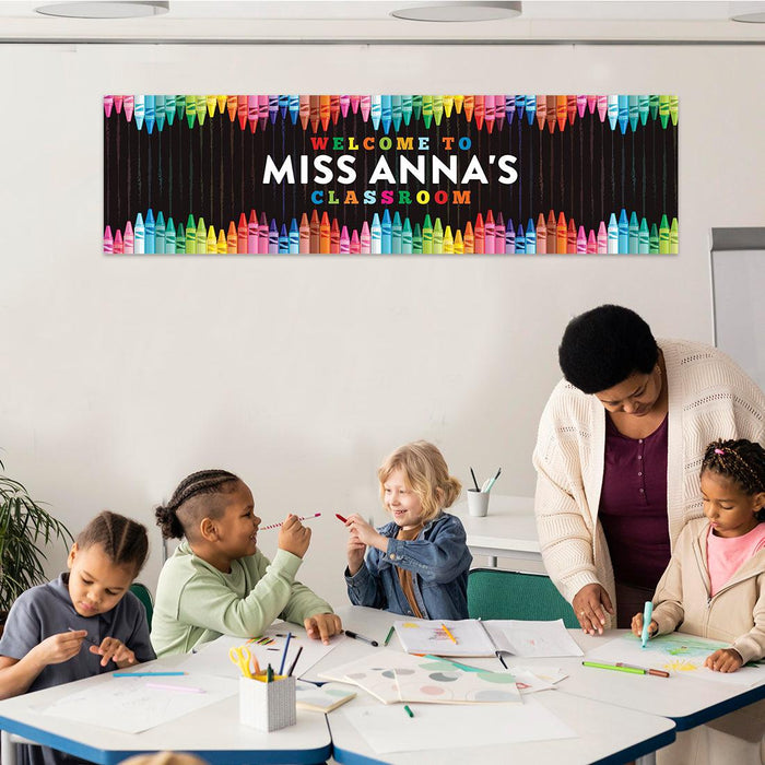 Horizontal Large Custom Classroom Welcome Banner Sign for Teachers, Set of 1-Set of 1-Andaz Press-Crayons-