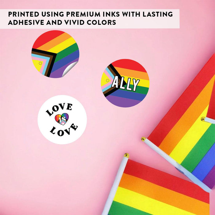 LGBTQ Pride Party Favors, Bulk Chocolate Drop Labels, Set of 240-Set of 240-Andaz Press-Progress, Love Is Love, & Ally Pride Flag-