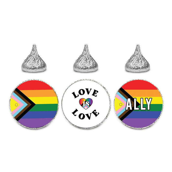 LGBTQ Pride Party Favors, Bulk Chocolate Drop Labels, Set of 240-Set of 240-Andaz Press-Progress, Love Is Love, & Ally Pride Flag-