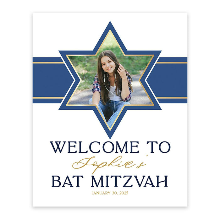 Large Custom Photo Bar/Bat Mitzvah Welcome Sign, Canvas Jewish Party Decor, Set of 1-Set of 1-Andaz Press-Blue & Gold Star of David-