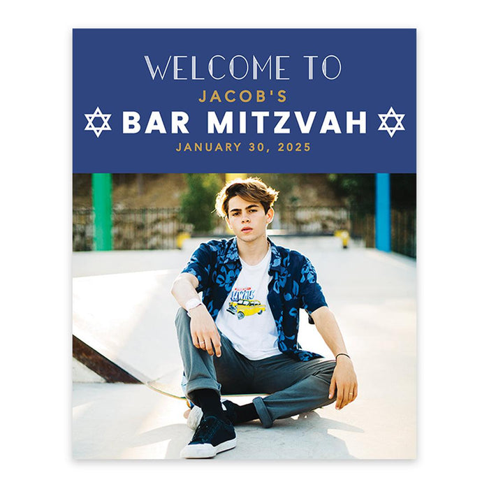 Large Custom Photo Bar/Bat Mitzvah Welcome Sign, Canvas Jewish Party Decor, Set of 1-Set of 1-Andaz Press-Modern-