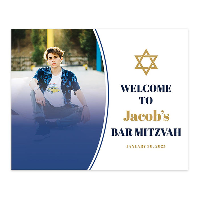 Large Custom Photo Bar/Bat Mitzvah Welcome Sign, Canvas Jewish Party Decor, Set of 1-Set of 1-Andaz Press-Ombre Blue-