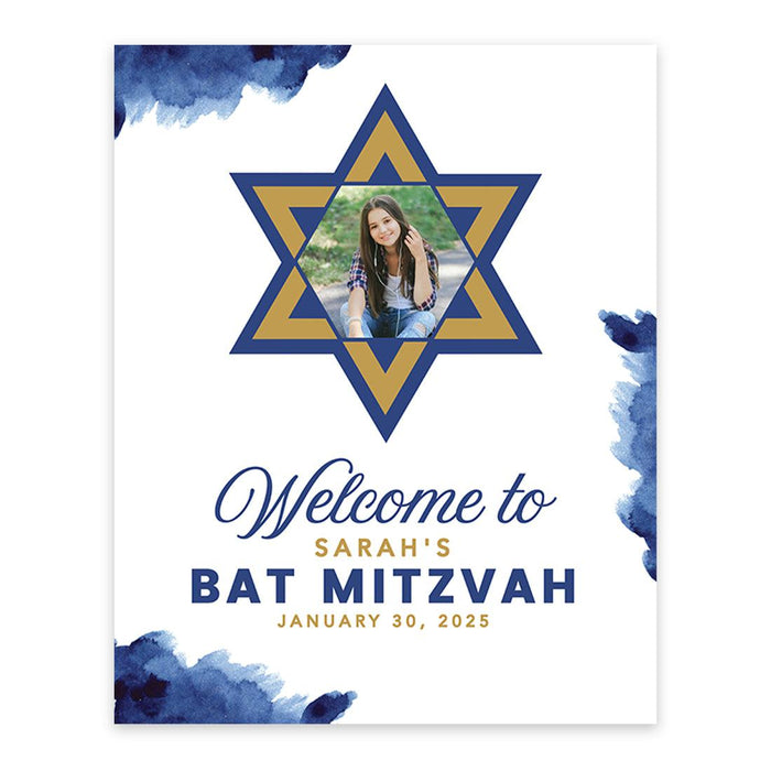 Large Custom Photo Bar/Bat Mitzvah Welcome Sign, Canvas Jewish Party Decor, Set of 1-Set of 1-Andaz Press-Watercolor Blue-