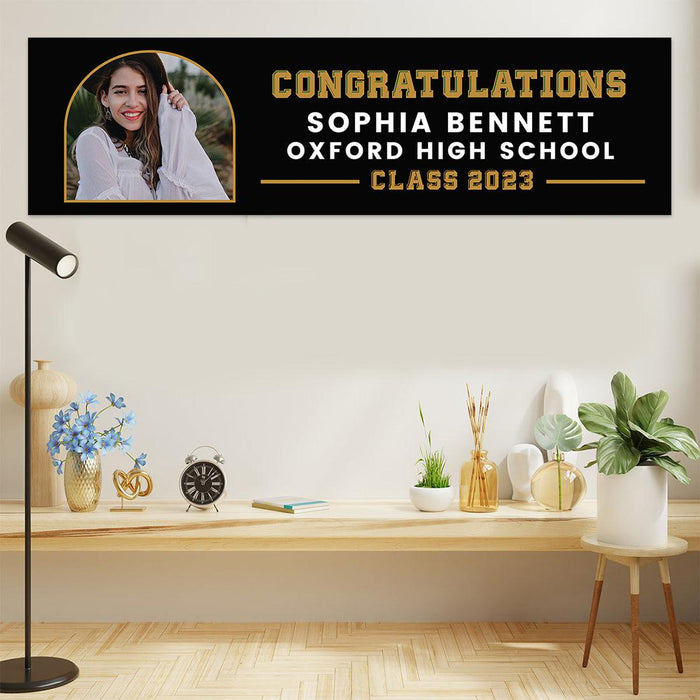 Large Custom Photo Graduation Banner Sign with Glue Dots, Set of 1-Set of 1-Andaz Press-Congratulations Arch Black & Gold-