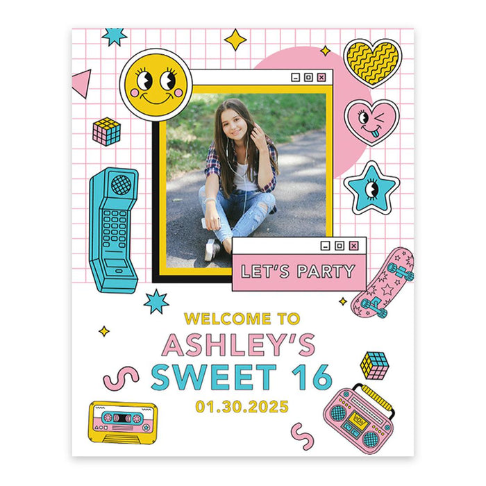 Large Custom Photo Sweet 16 Welcome Sign, Canvas Sign for Party Decor, Set of 1-Set of 1-Andaz Press-80s-