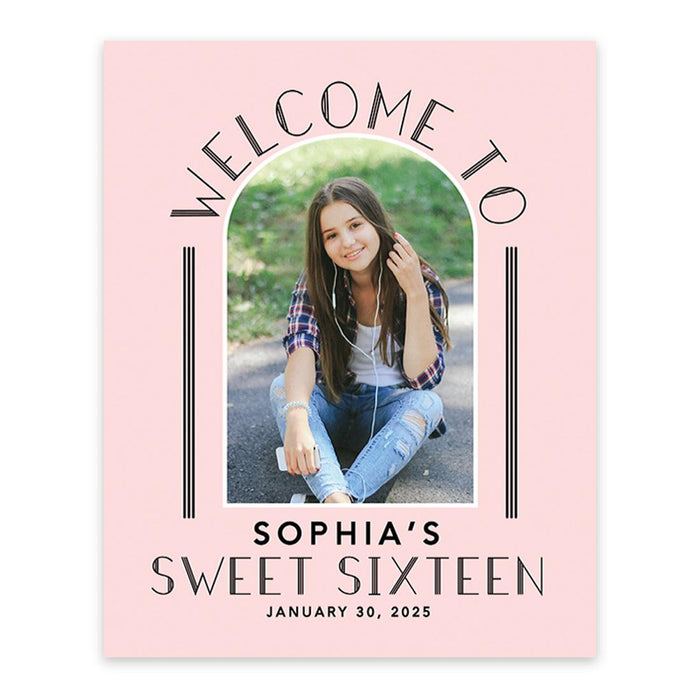 Large Custom Photo Sweet 16 Welcome Sign, Canvas Sign for Party Decor, Set of 1-Set of 1-Andaz Press-Minimal Half Arch-