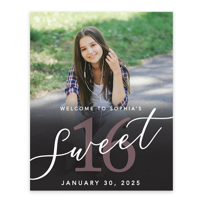 Large Custom Photo Sweet 16 Welcome Sign, Canvas Sign for Party Decor, Set of 1-Set of 1-Andaz Press-Black Ombre-
