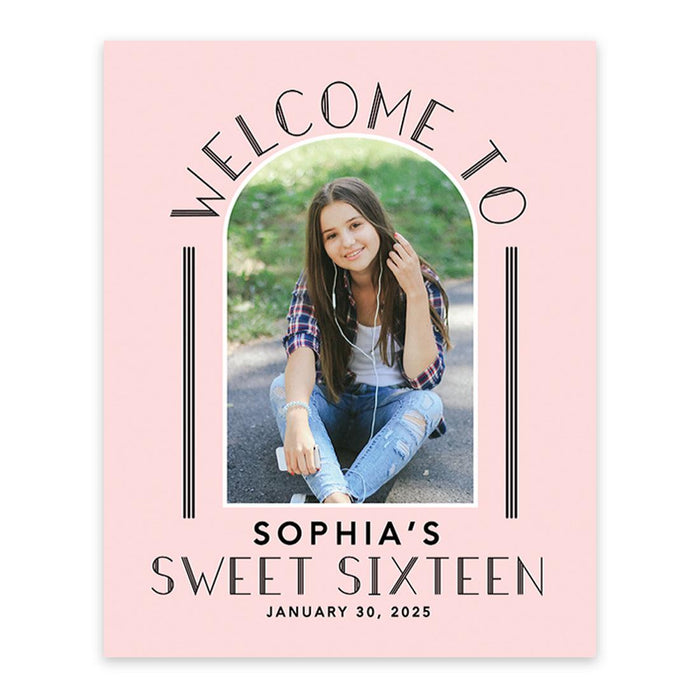 Large Custom Photo Sweet 16 Welcome Sign, Canvas Sign for Party Decor, Set of 1-Set of 1-Andaz Press-Modern Arch-