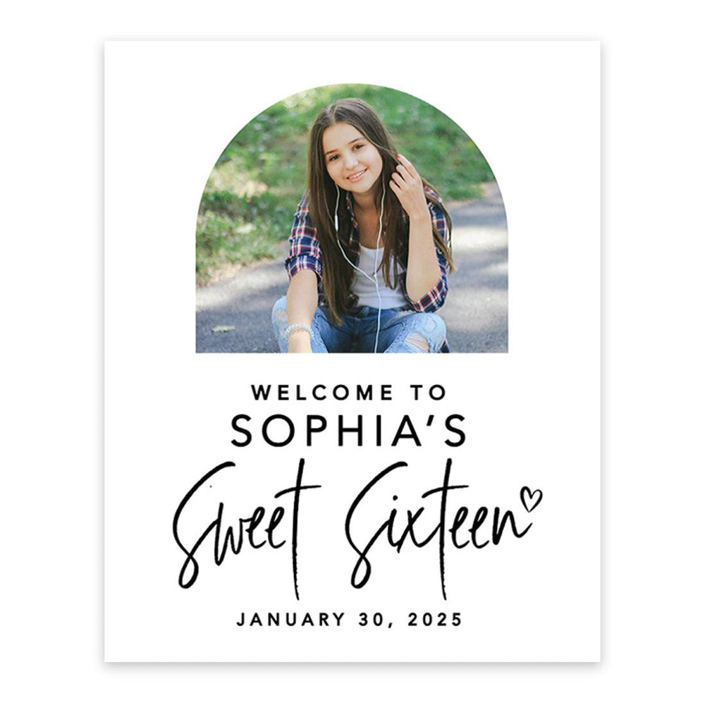 Large Custom Photo Sweet 16 Welcome Sign, Canvas Sign for Party Decor, Set of 1-Set of 1-Andaz Press-Minimal Half Arch-