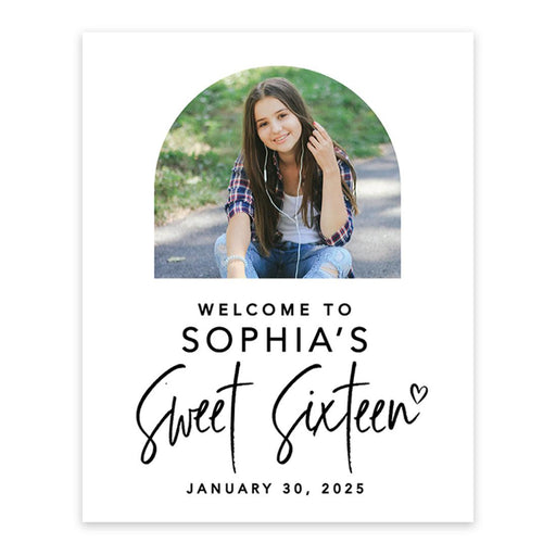 Large Custom Photo Sweet 16 Welcome Sign, Canvas Sign for Party Decor, Set of 1-Set of 1-Andaz Press-Minimal Half Arch-
