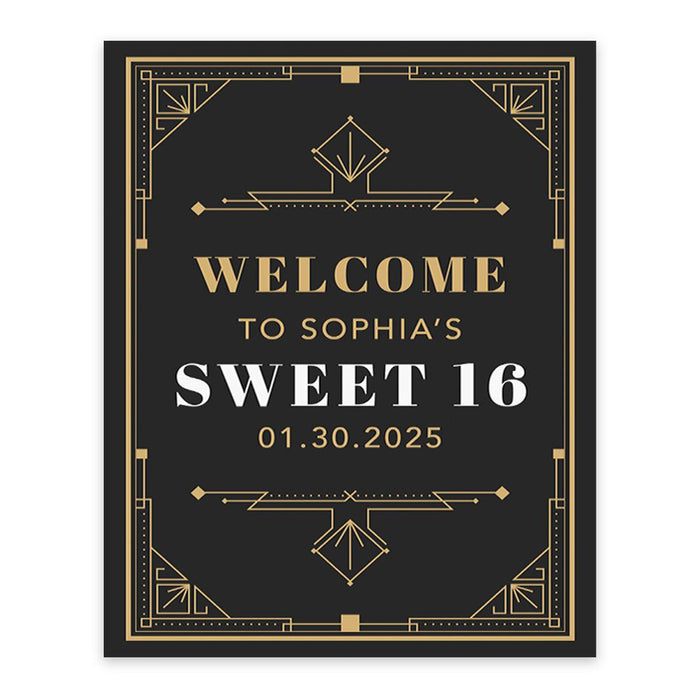 Large Custom Sweet 16 Welcome Sign, Canvas Sign for Party Decor, Set of 1-Set of 1-Andaz Press-Art Deco Great Gatsby-