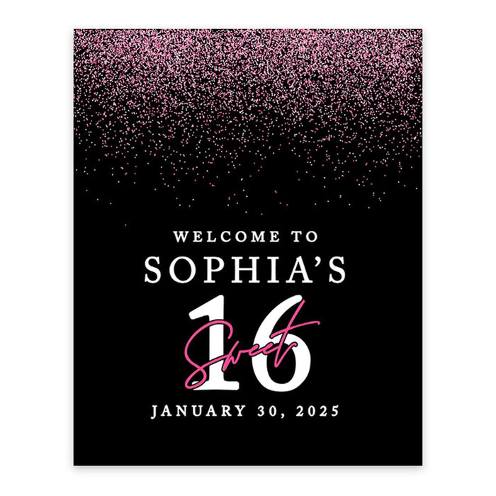 Large Custom Sweet 16 Welcome Sign, Canvas Sign for Party Decor, Set of 1-Set of 1-Andaz Press-Black & Fuchsia Glitter-
