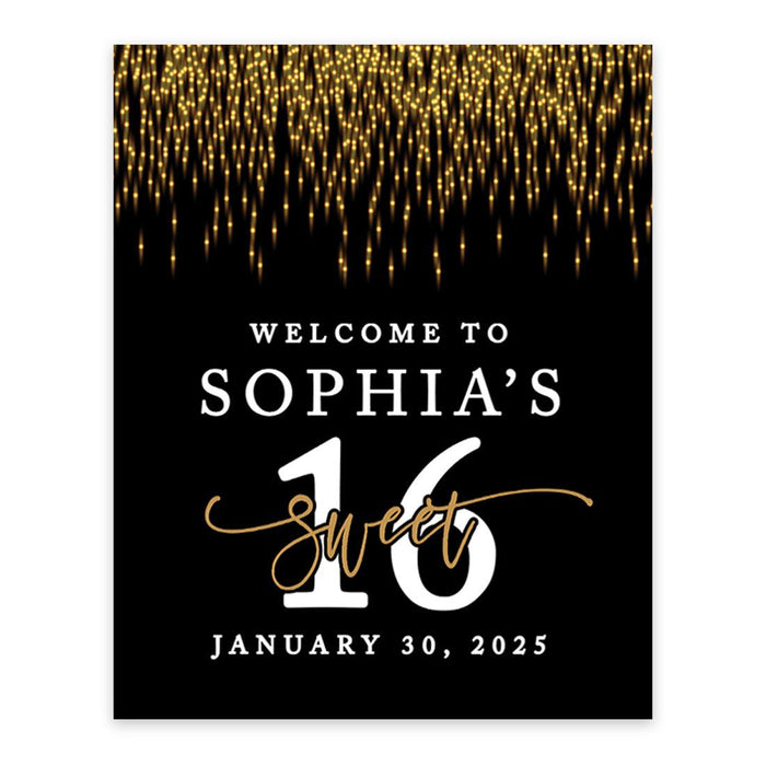 Large Custom Sweet 16 Welcome Sign, Canvas Sign for Party Decor, Set of 1-Set of 1-Andaz Press-Black & Gold Confetti-