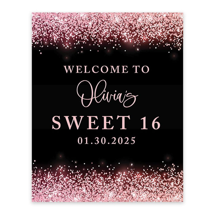 Large Custom Sweet 16 Welcome Sign, Canvas Sign for Party Decor, Set of 1-Set of 1-Andaz Press-Black & Pink Glitter-