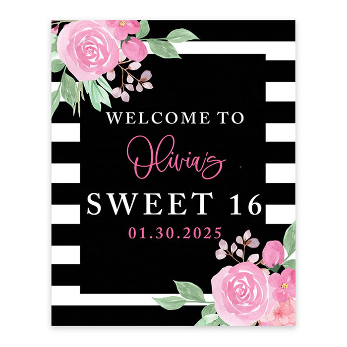 Large Custom Sweet 16 Welcome Sign, Canvas Sign for Party Decor, Set of 1-Set of 1-Andaz Press-Black & White Stripes with Florals-