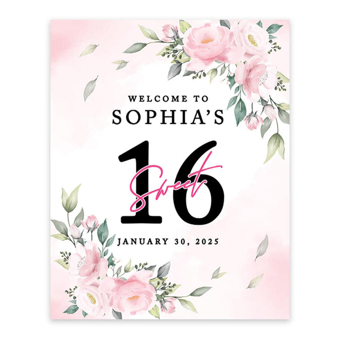 Large Custom Sweet 16 Welcome Sign, Canvas Sign for Party Decor, Set of 1-Set of 1-Andaz Press-Blush Pink Florals-
