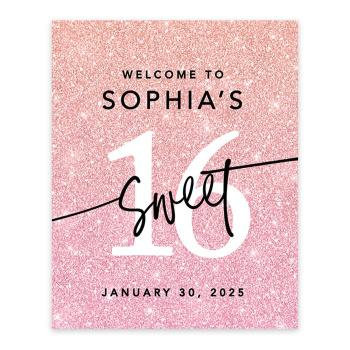 Large Custom Sweet 16 Welcome Sign, Canvas Sign for Party Decor, Set of 1-Set of 1-Andaz Press-Blush Pink Glitter-