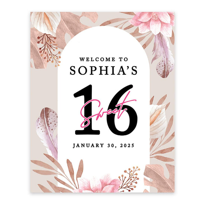 Large Custom Sweet 16 Welcome Sign, Canvas Sign for Party Decor, Set of 1-Set of 1-Andaz Press-Boho Florals-
