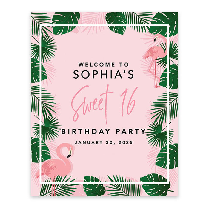 Large Custom Sweet 16 Welcome Sign, Canvas Sign for Party Decor, Set of 1-Set of 1-Andaz Press-Flamingo Tropical-