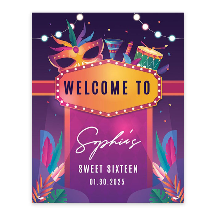 Large Custom Sweet 16 Welcome Sign, Canvas Sign for Party Decor, Set of 1-Set of 1-Andaz Press-Mardi Gras-