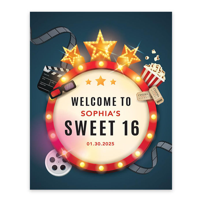 Large Custom Sweet 16 Welcome Sign, Canvas Sign for Party Decor, Set of 1-Set of 1-Andaz Press-Movie Theme-