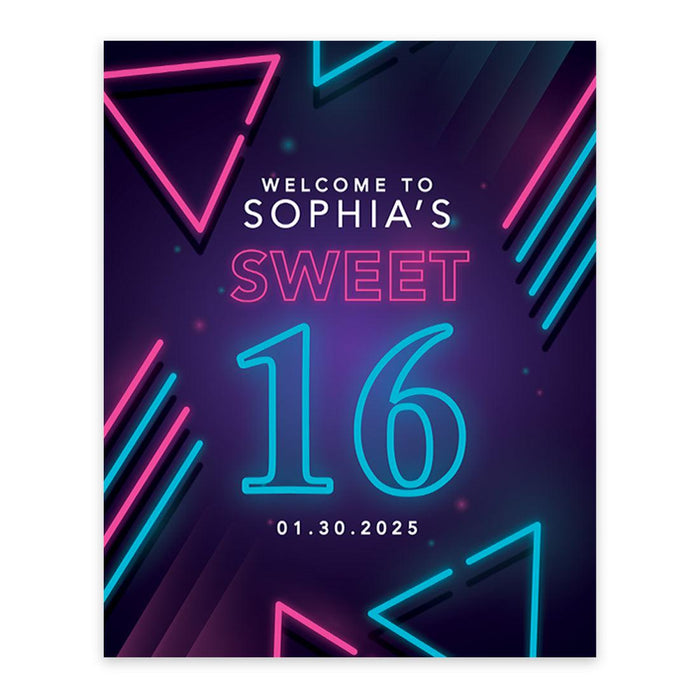 Large Custom Sweet 16 Welcome Sign, Canvas Sign for Party Decor, Set of 1-Set of 1-Andaz Press-Neon Lights-