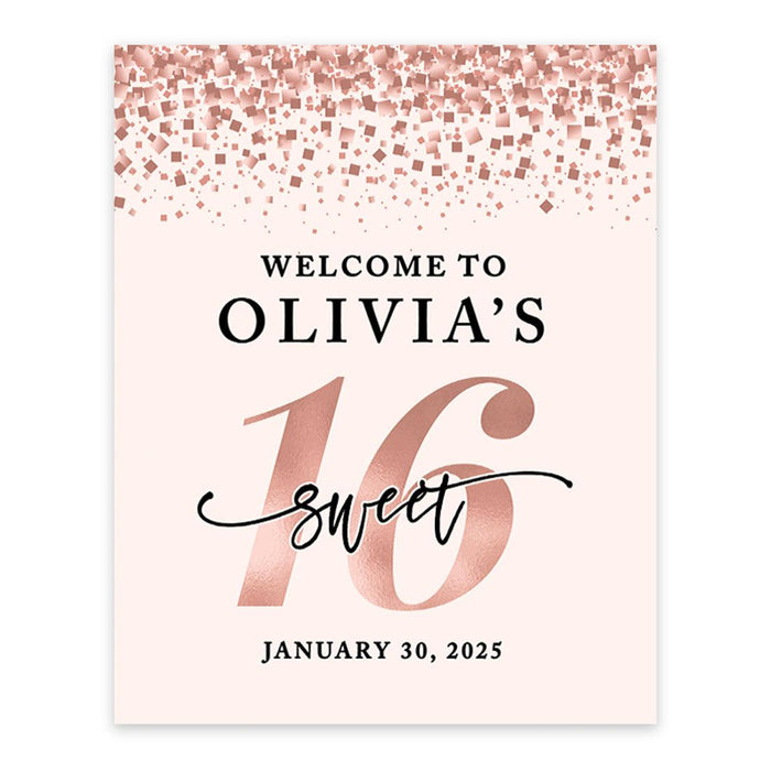 Large Custom Sweet 16 Welcome Sign, Canvas Sign for Party Decor, Set of 1-Set of 1-Andaz Press-Rose Gold Confetti-