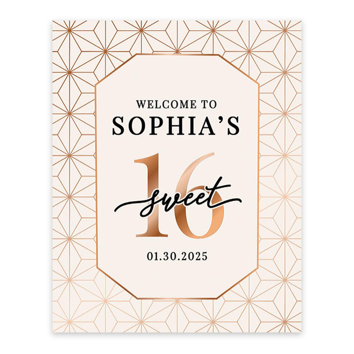 Large Custom Sweet 16 Welcome Sign, Canvas Sign for Party Decor, Set of 1-Set of 1-Andaz Press-Rose Gold Geometric-