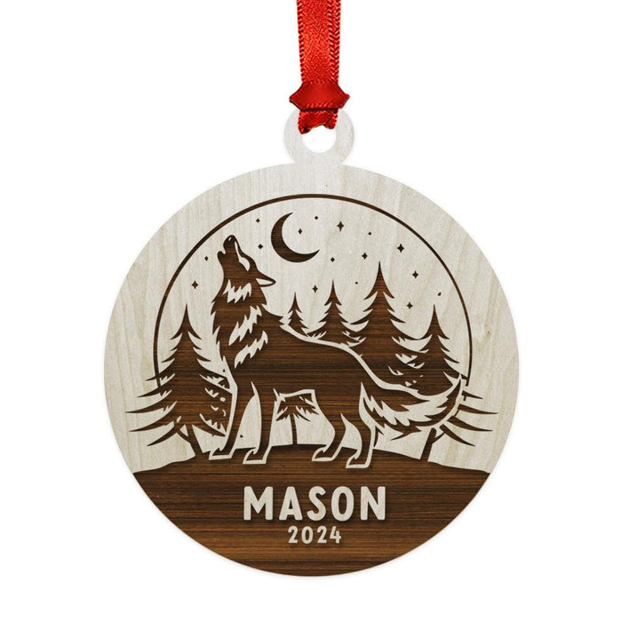 Laser Engraved Wooden Custom Wolf Christmas Ornament 20XX for Christmas Tree Decor-Set of 1-Andaz Press-Laser Engraved Wolf with Trees-