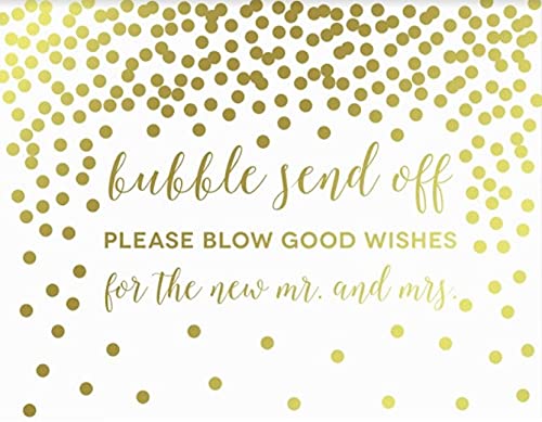 Metallic Gold Confetti Polka Dots Wedding Party Signs-Set of 1-Andaz Press-Bubble Send Off Please Blow Good Wishes for the New Mr. & Mrs.-