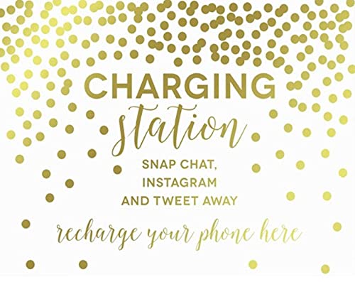 Metallic Gold Confetti Polka Dots Wedding Party Signs-Set of 1-Andaz Press-Charging Station Snap Chat Instagram and Tweet Away Recharge Your Phone Here Sign-
