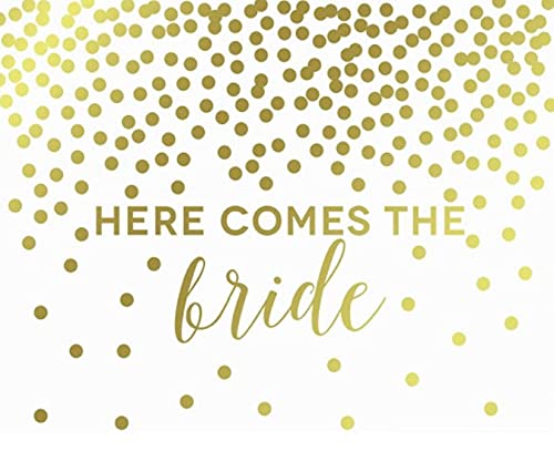 Metallic Gold Confetti Polka Dots Wedding Party Signs-Set of 1-Andaz Press-Here Comes the Bride Flower Girl or Ring Bearer-