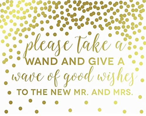 Metallic Gold Confetti Polka Dots Wedding Party Signs-Set of 1-Andaz Press-Please Take a Wand and Give a Wave of Good Wishes to the New Mr. & Mrs.-