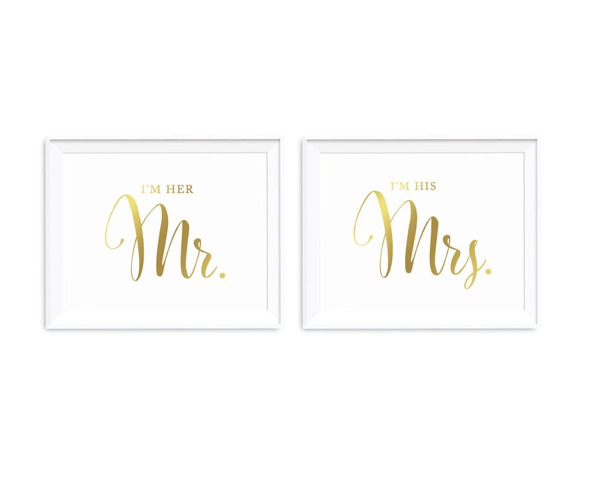 Metallic Gold Wedding Party Signs, 2-Pack-Set of 2-Andaz Press-I'm Her Mr., I'm His Mrs.-