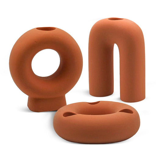 Modern Abstract Taper Candle Holder Set-Set of 3-Koyal Wholesale-Terracotta-