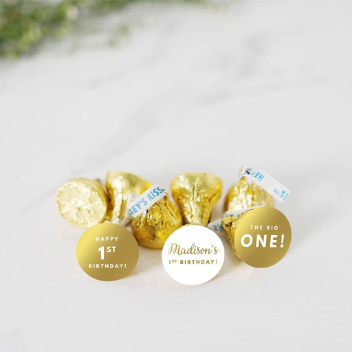 Personalized 1st Birthday Chocolate Drop Labels Trio, Metallic Gold Ink-Set of 216-Andaz Press-