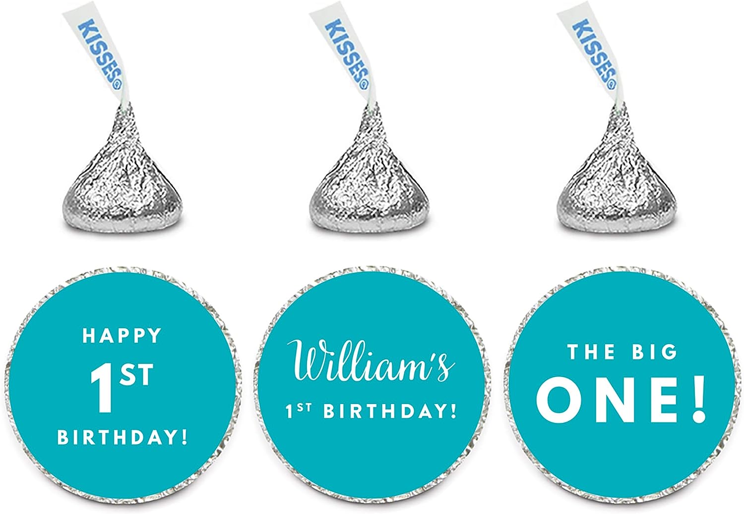 Personalized Happy 1st Birthday Chocolate Drop Labels Trio Any Color, Fits Hershey's Kisses Party Favors-Set of 216-Andaz Press-