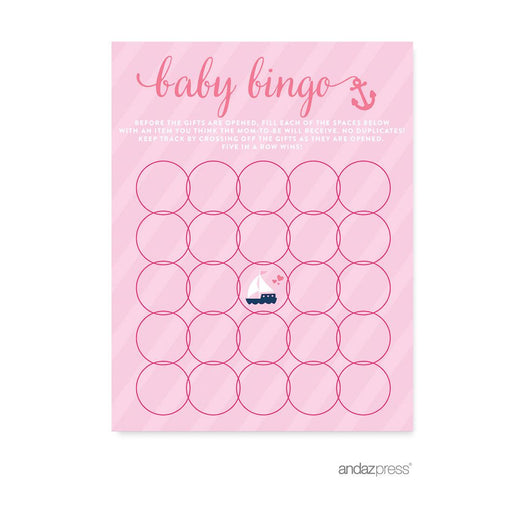 Pink Girl Nautical Baby Shower Games & Fun Activities-Set of 20-Andaz Press-Baby Bingo-