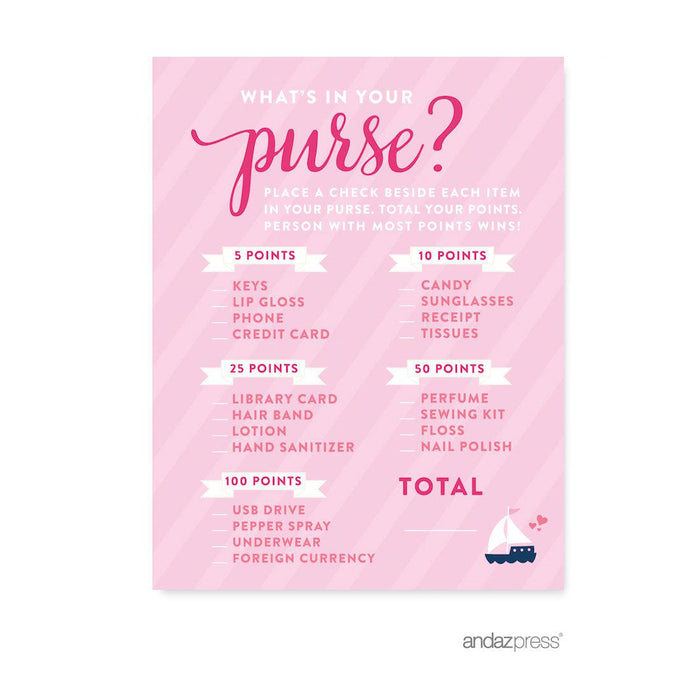 Pink Girl Nautical Baby Shower Games & Fun Activities-Set of 20-Andaz Press-What's In Your Purse?-